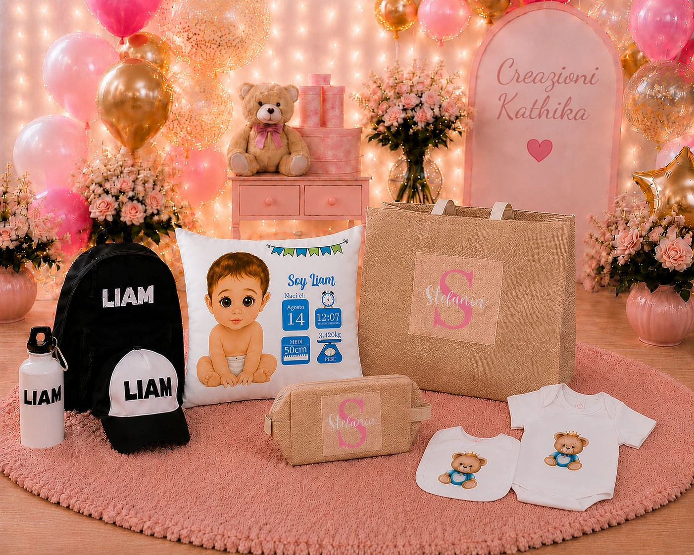 Set regalo personalizzato — palloncini, cuscino, borsa e accessori — Creazioni Kathika